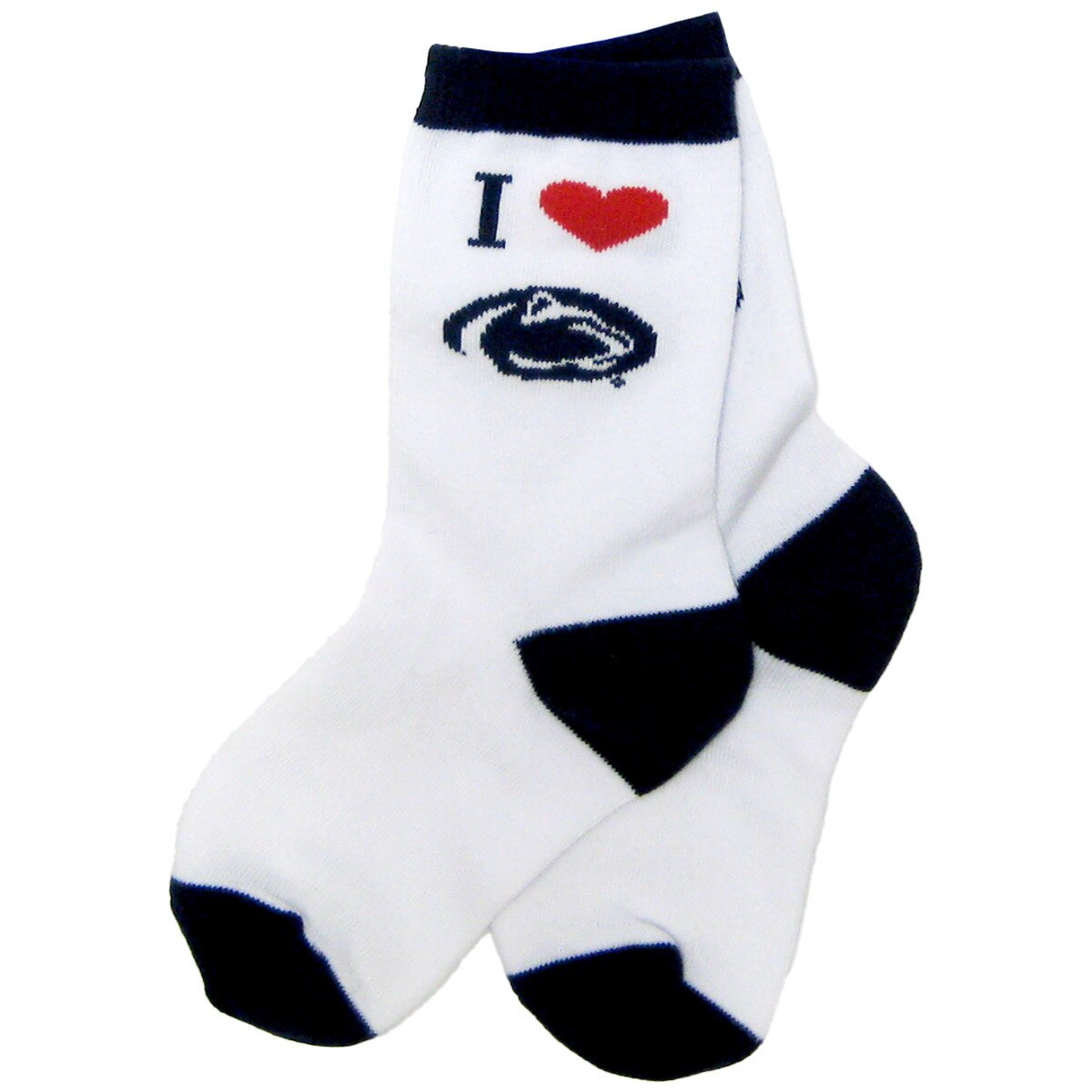 white youth socks with navy trim and I heart Penn State Athletic Logo